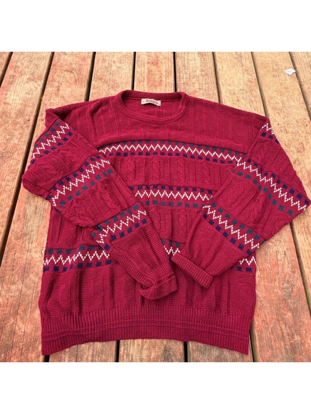 Vintage Jantzen Red Sweater Crewneck Knit Geometric Pattern Made In USA Size L